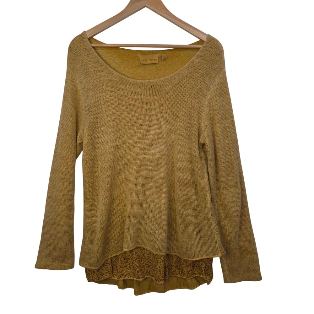 Belle France Italy Mustard Open Knit Sweater Floral Hem Boho Lagenlook XL